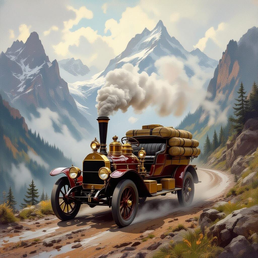 Vintage Steam Car on Foggy Mountain Pass