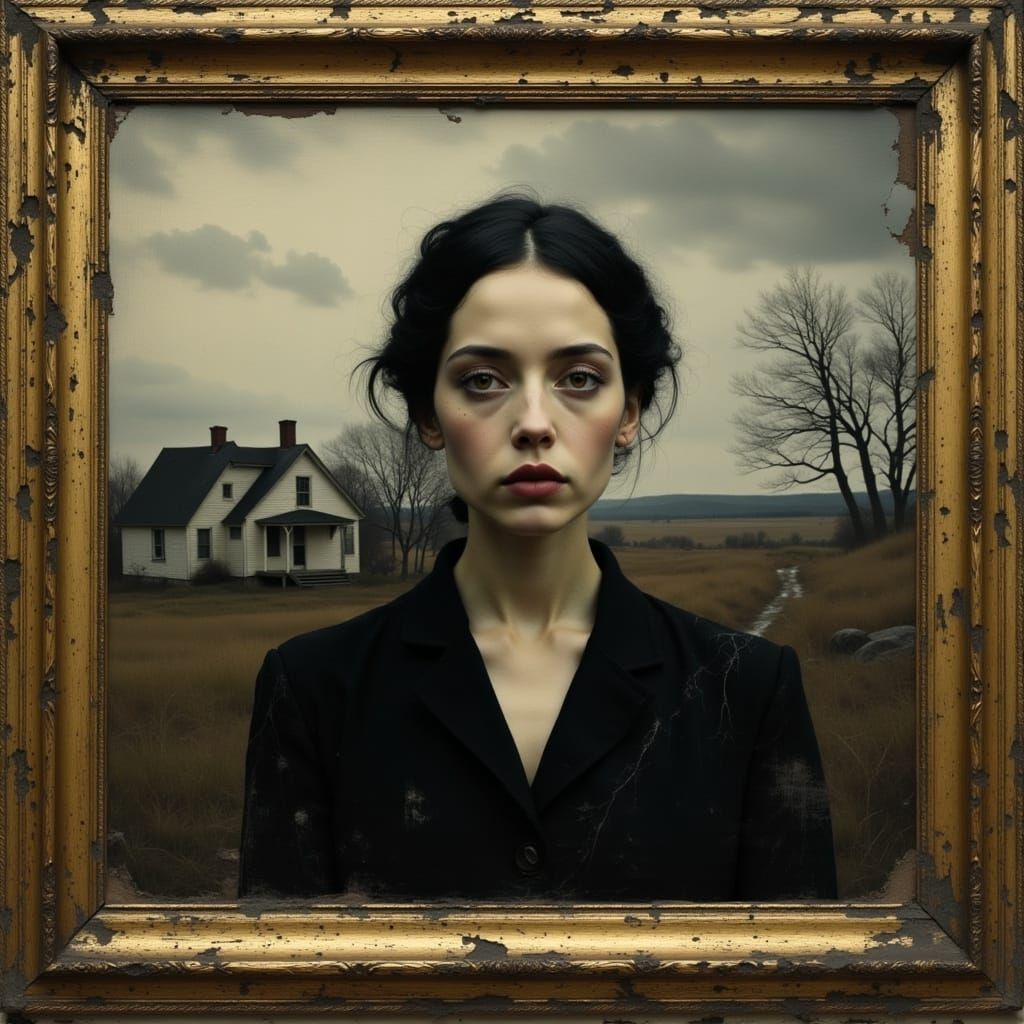 Dramatic Portrait of Woman Before Storm, Oil Painting Style