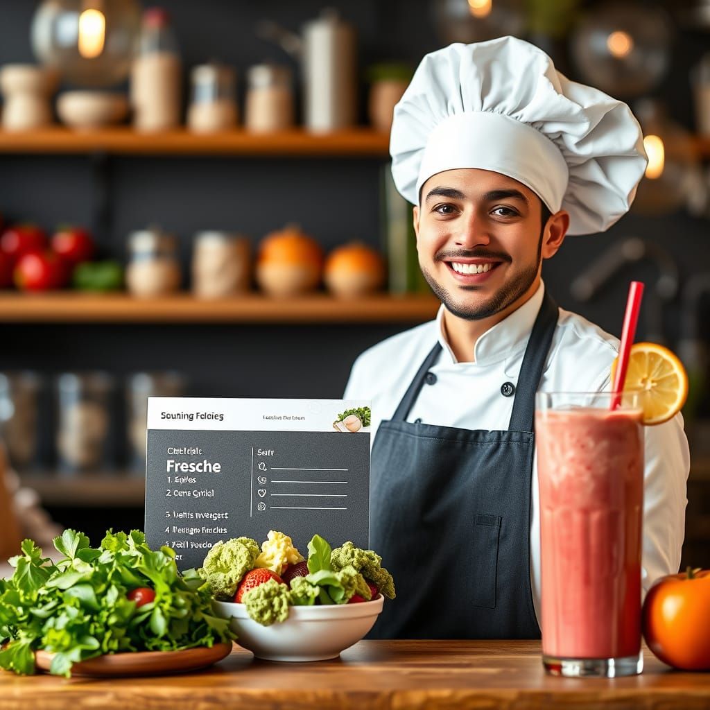 Fresh Chef in Chef Hat with Vibrant Smoothie