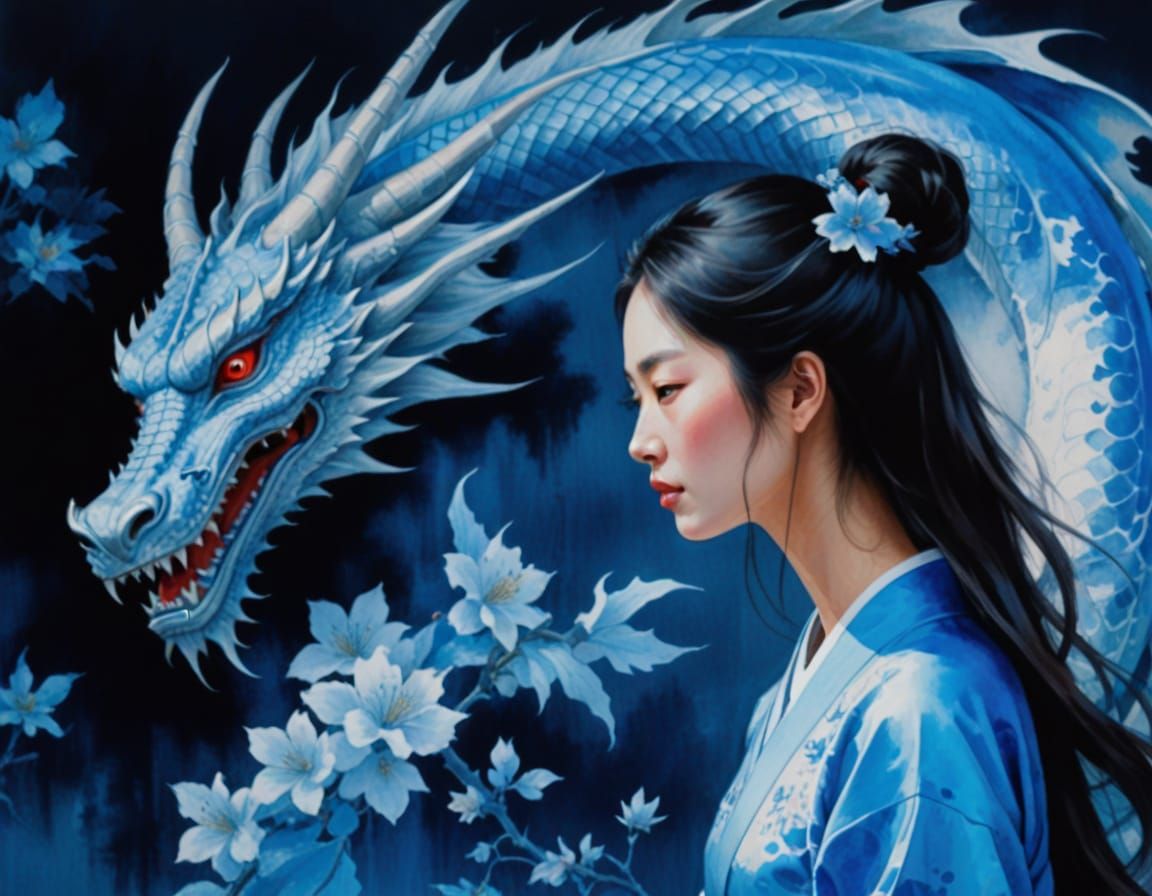 Sumi Art: Woman, Dragon, and Delicate Flowers