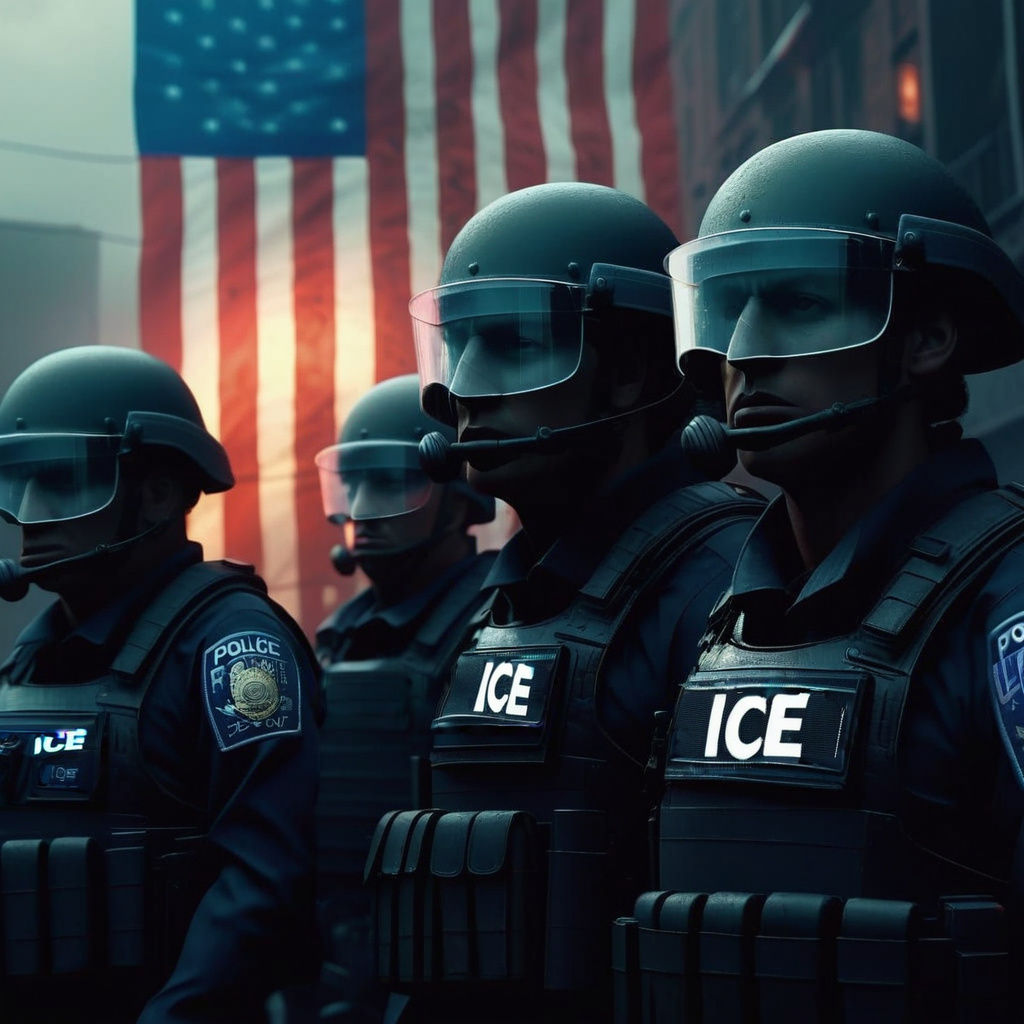 Surreal Dystopian Scene Under American Flag