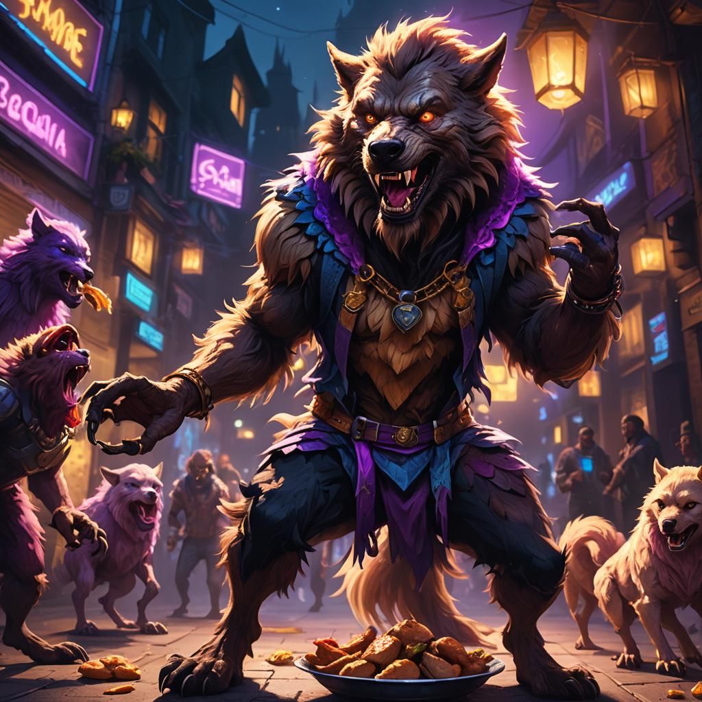 Neon Werewolf Dances with Chicken: Fantasy Art
