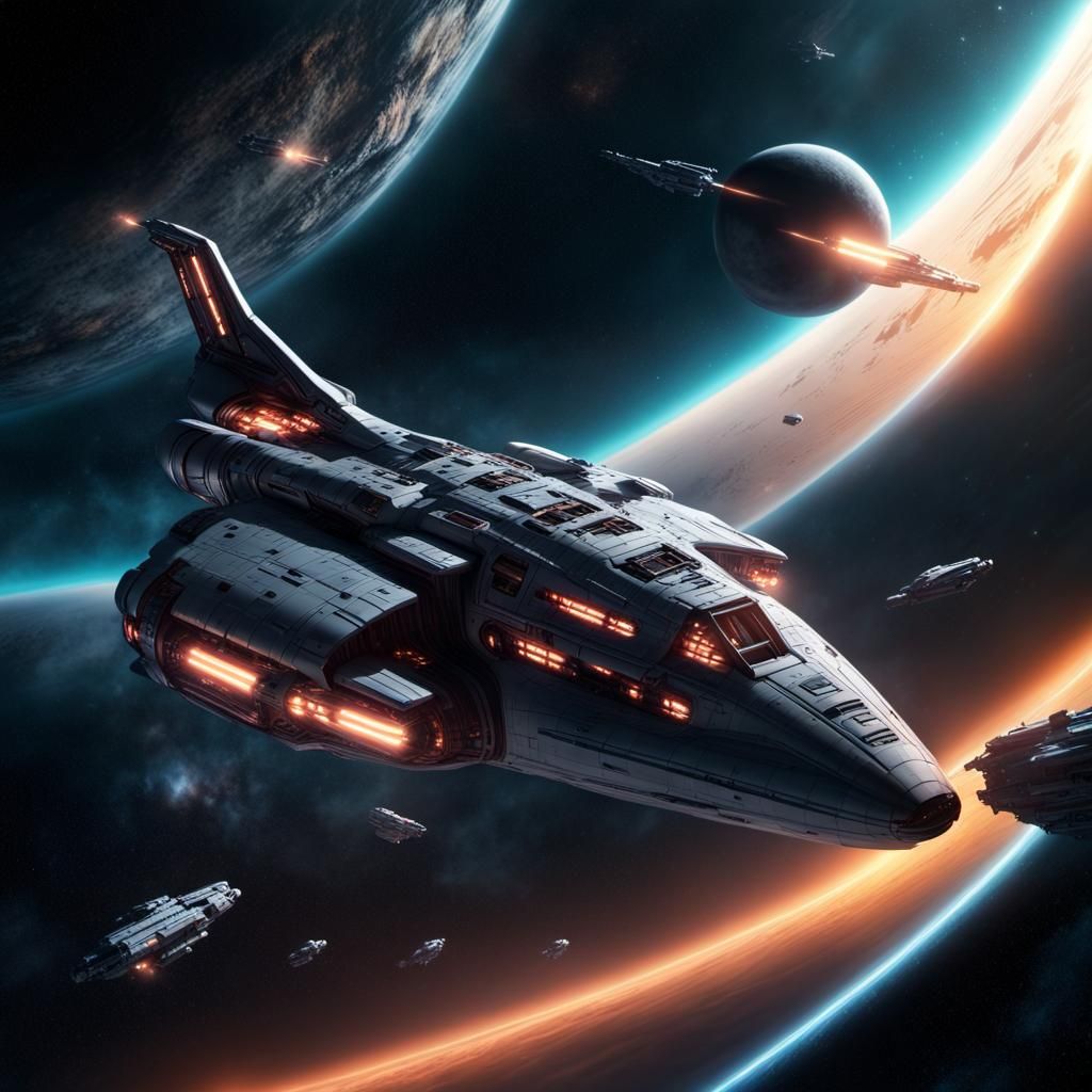 Sleek Galactic Starship Cruises Through Deep Space