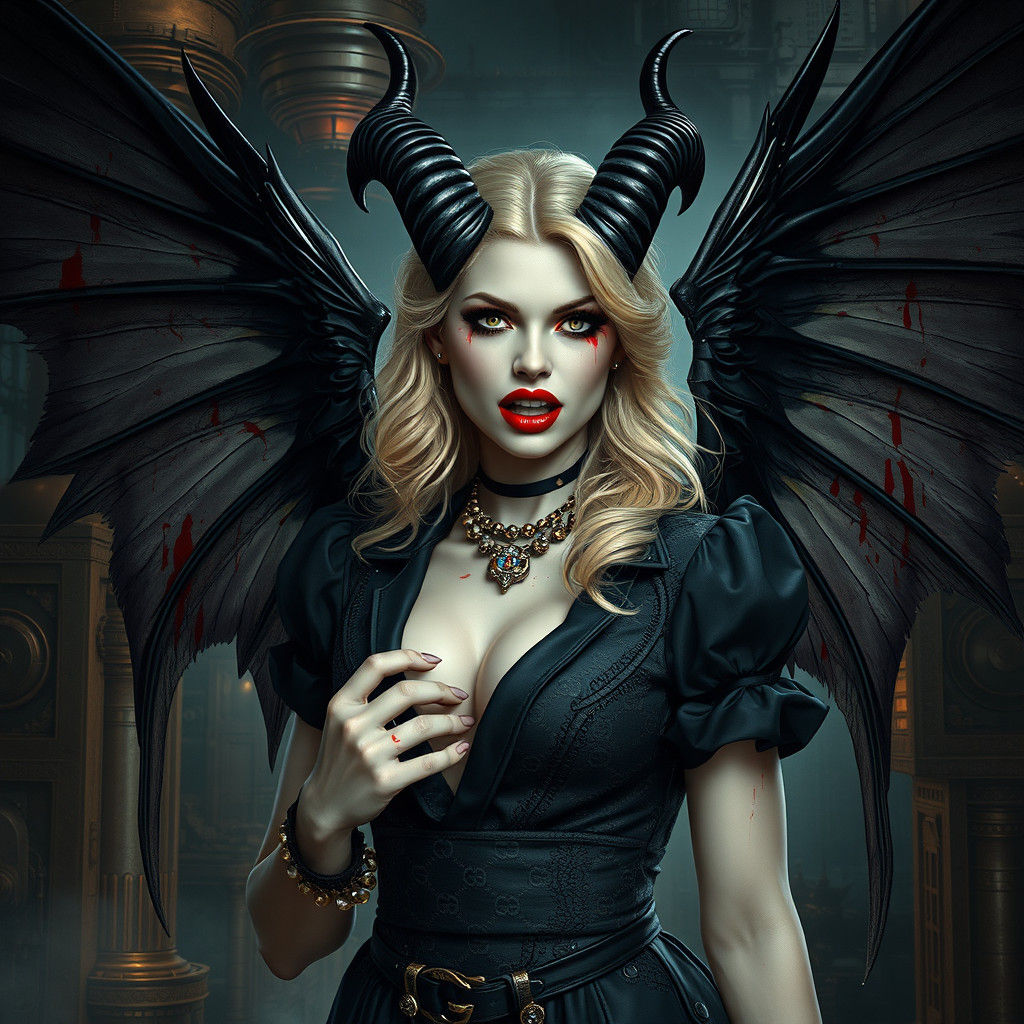 Blonde vampire teeth blood evil. Steampunk
Horns wings Gucci