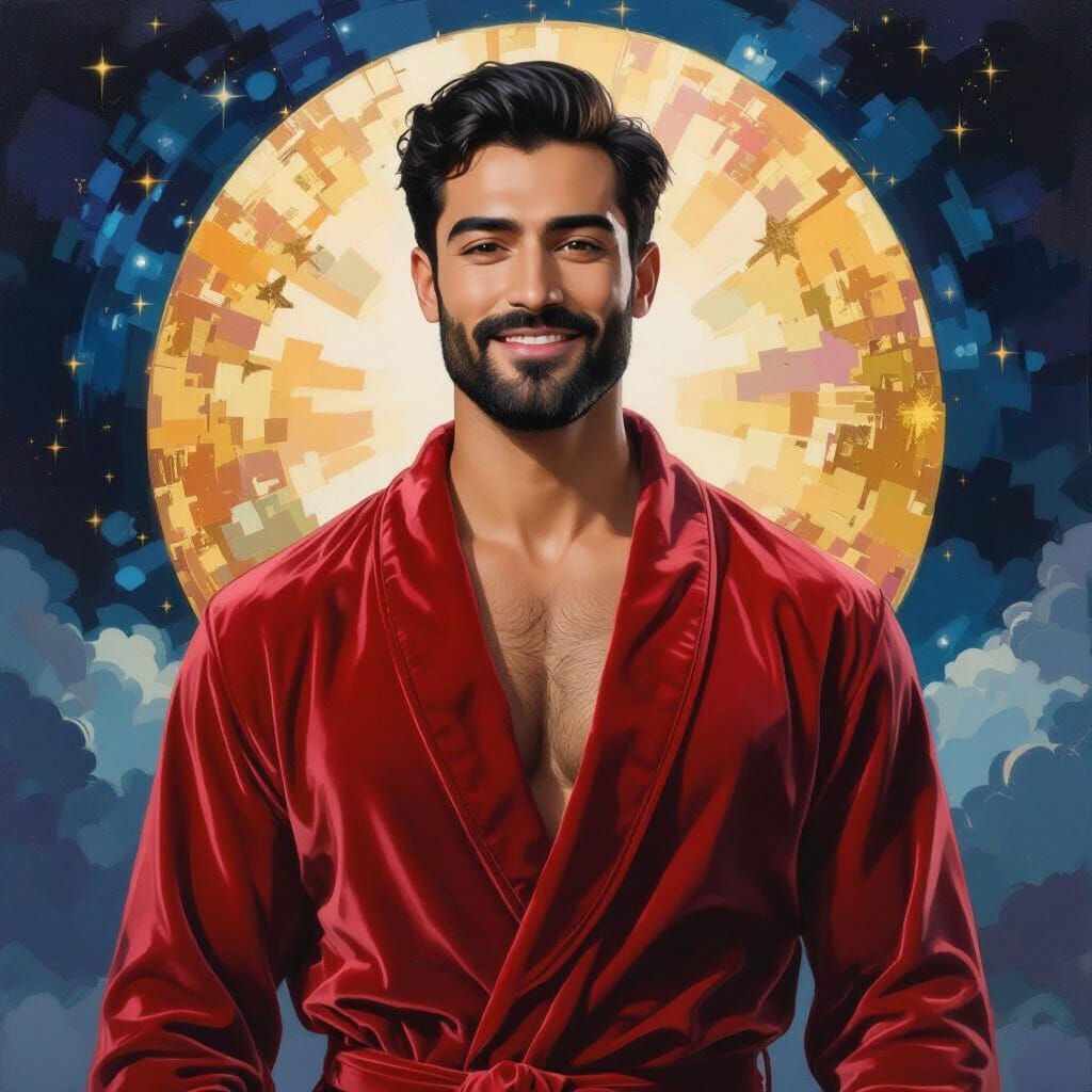 Divine Man in Golden Cosmic Glow, Mixed Media Masterpiece