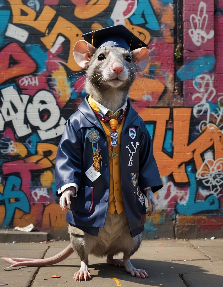 Stylish Rat-Dog Graduate in Surreal Graffiti Art