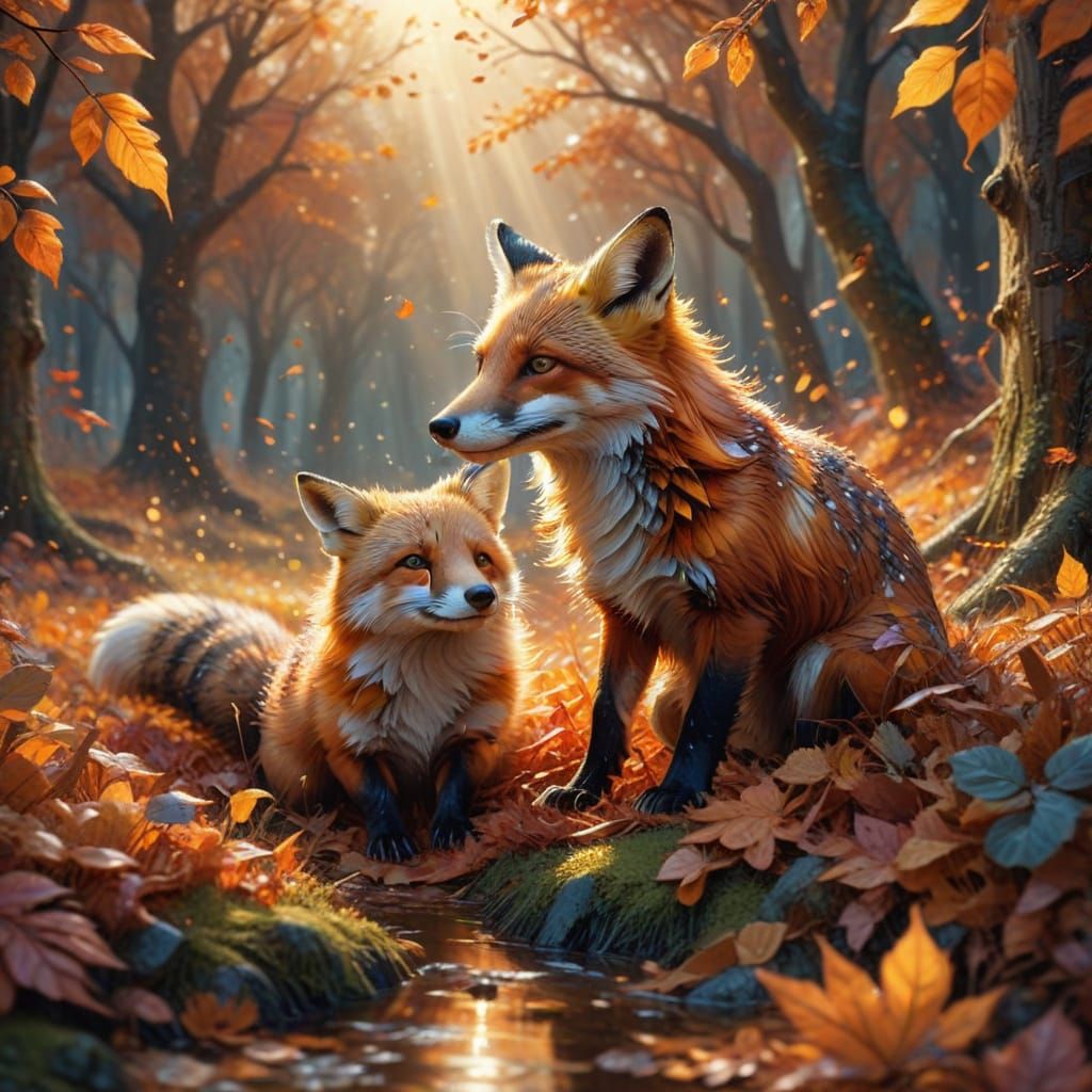 Fox and Badger Frolic in Candy-Hued Autumn Glade