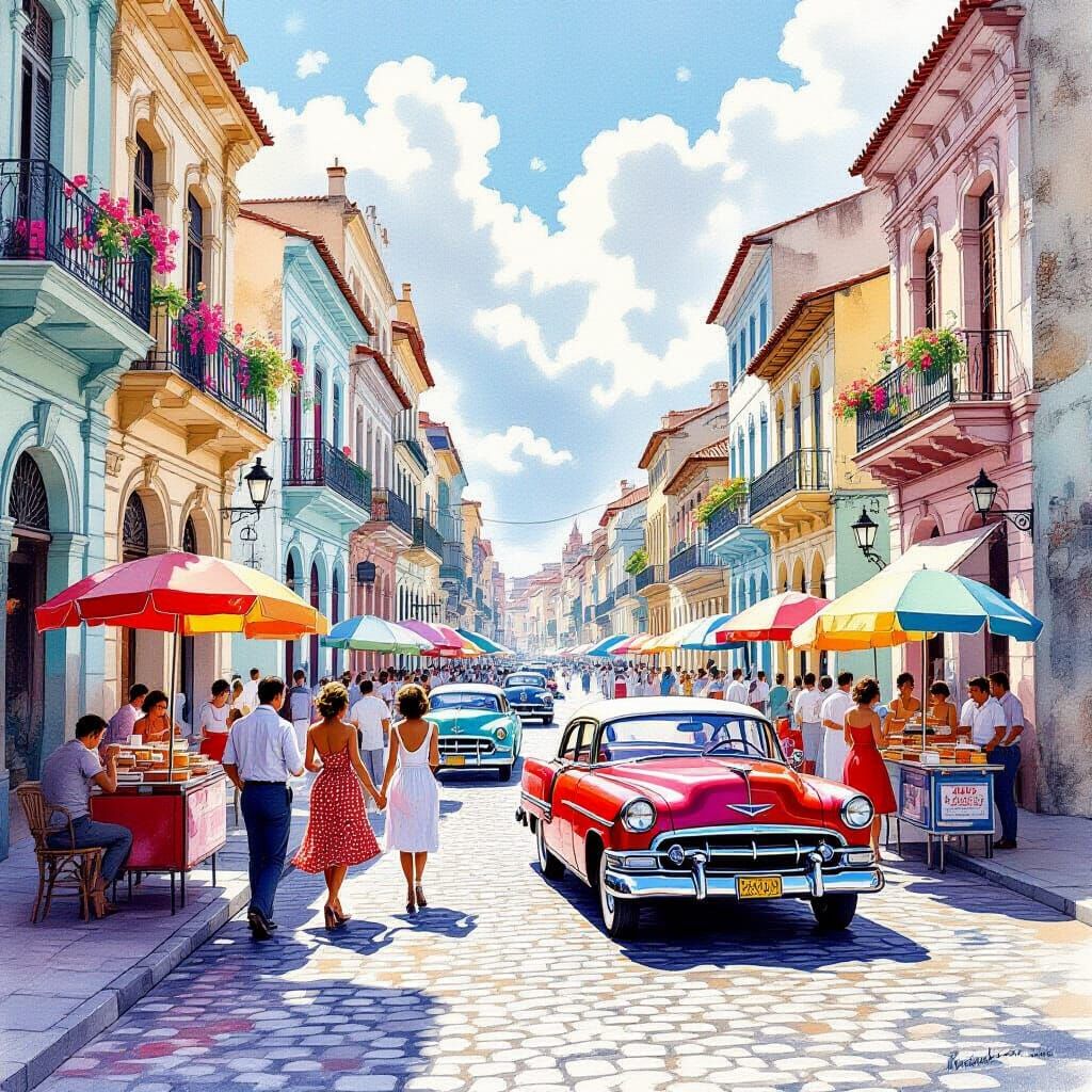Havana Street Festival in Airbrushed Watercolor Style