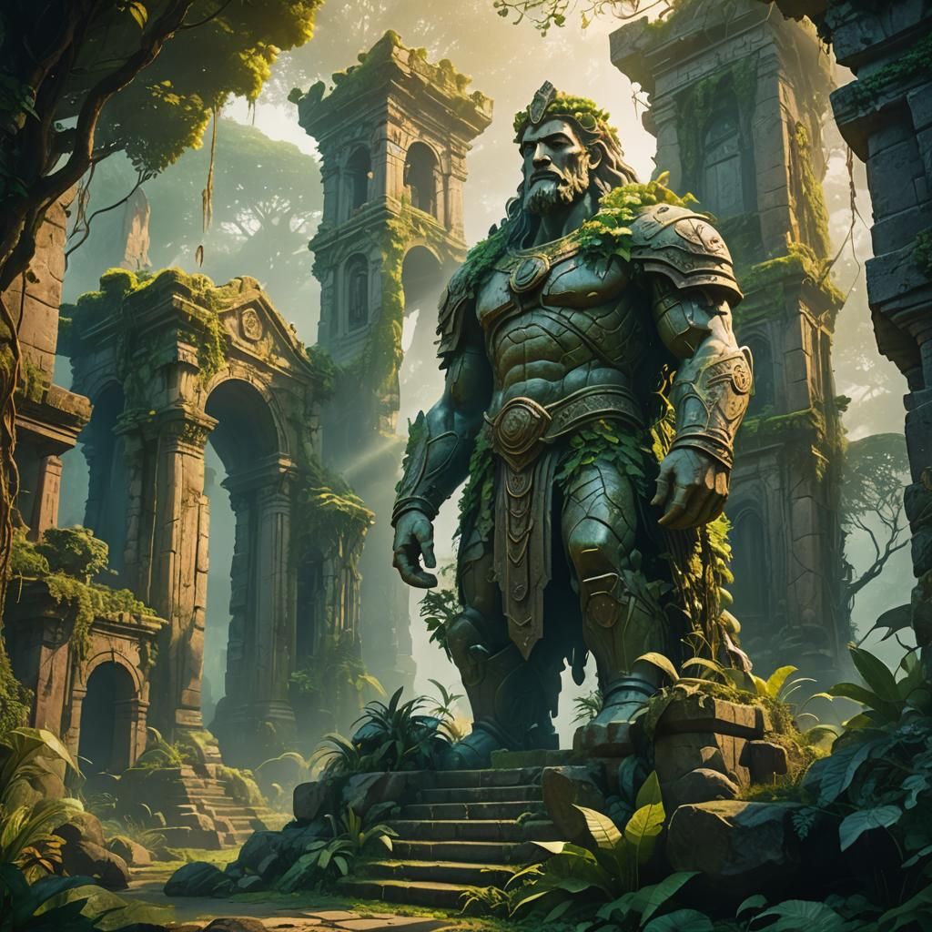 Epic Stone Statue in Lush Fantasy Landscape