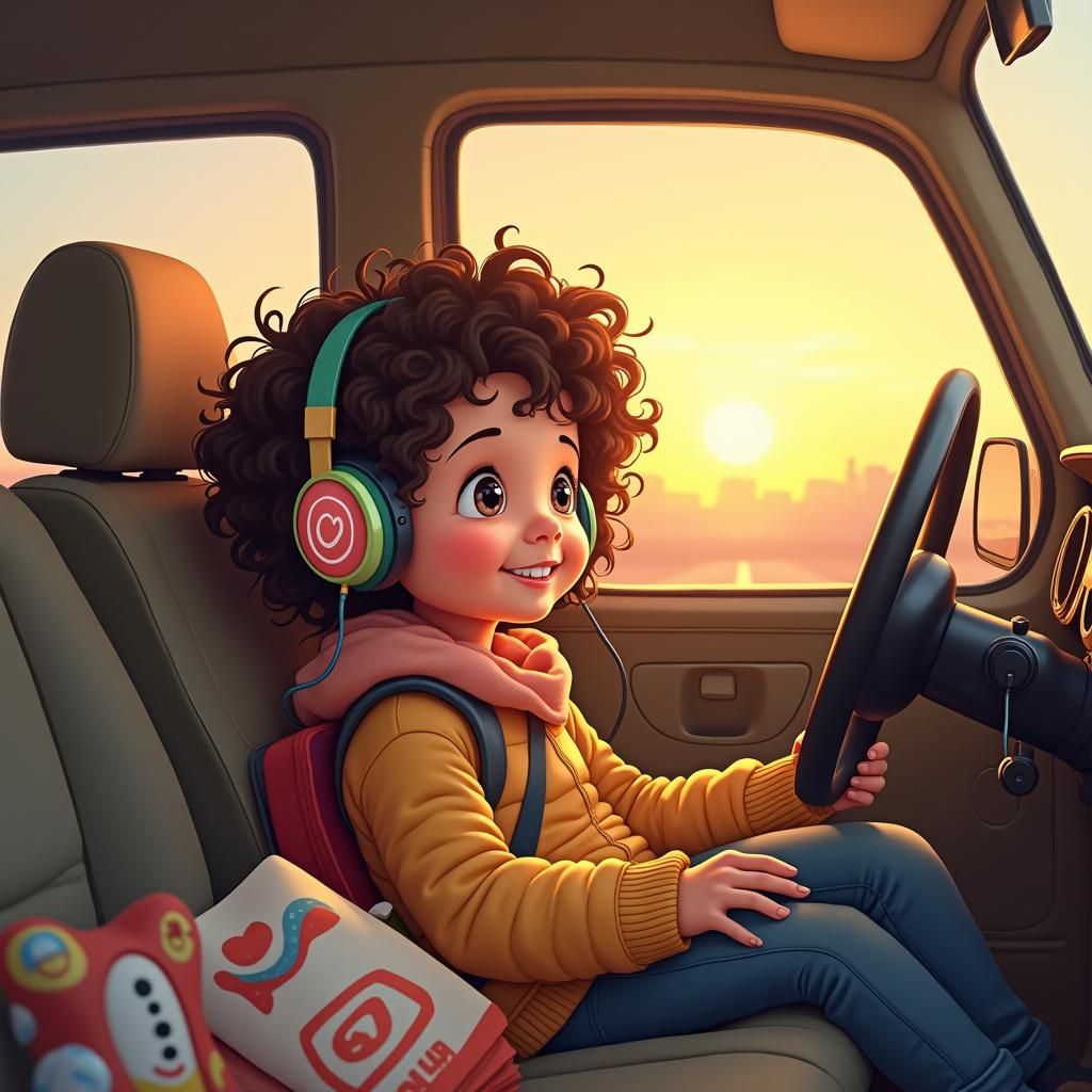 Girl Listening to Music in Car, Whimsical Illustration