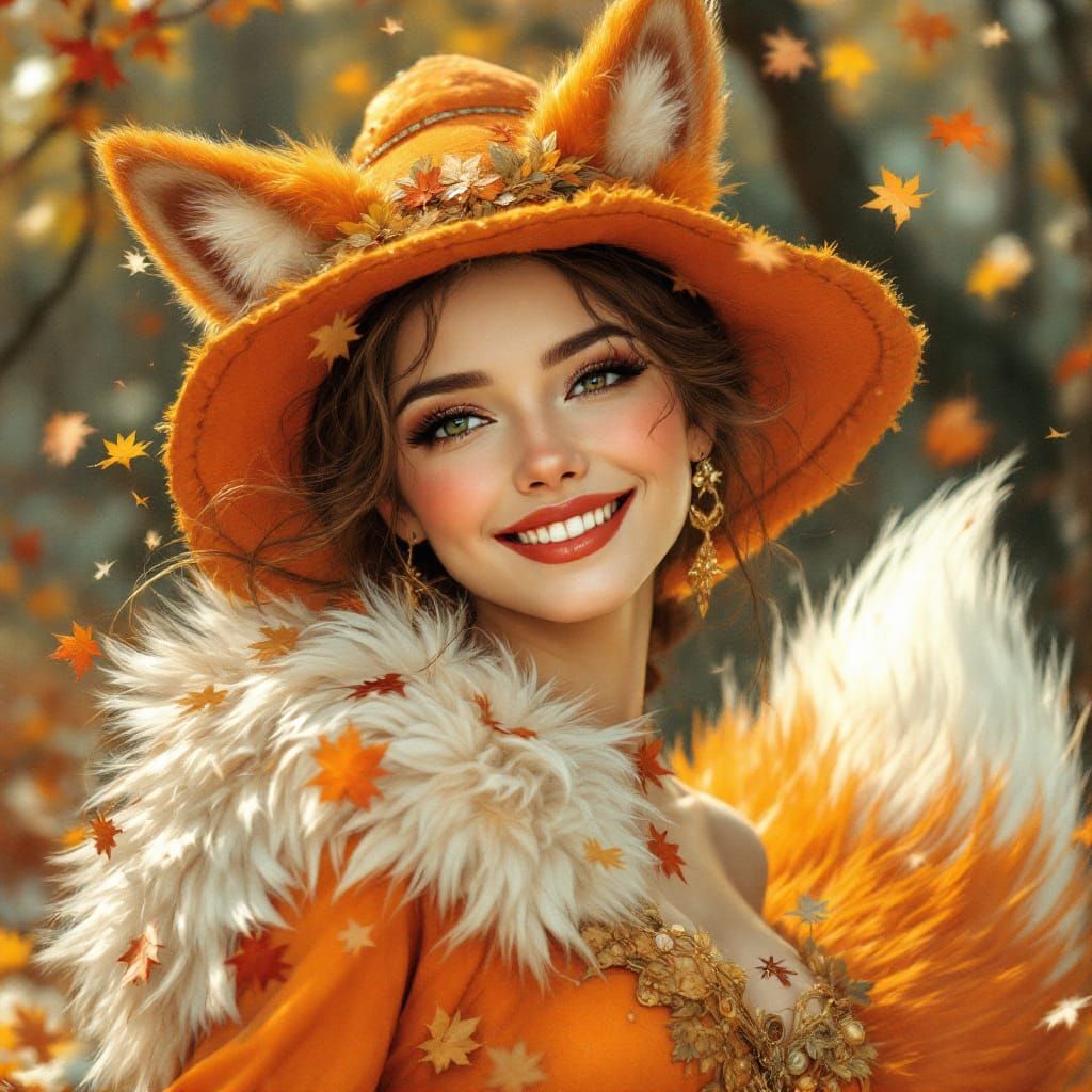 Fox Woman in Forest, Art Nouveau and Fantasy Style