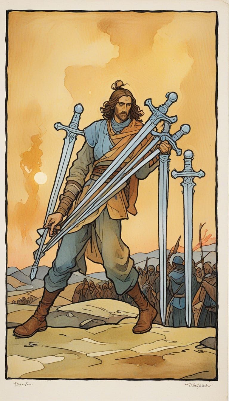 Medieval Knight Vanishes with Swords into Golden Dusk