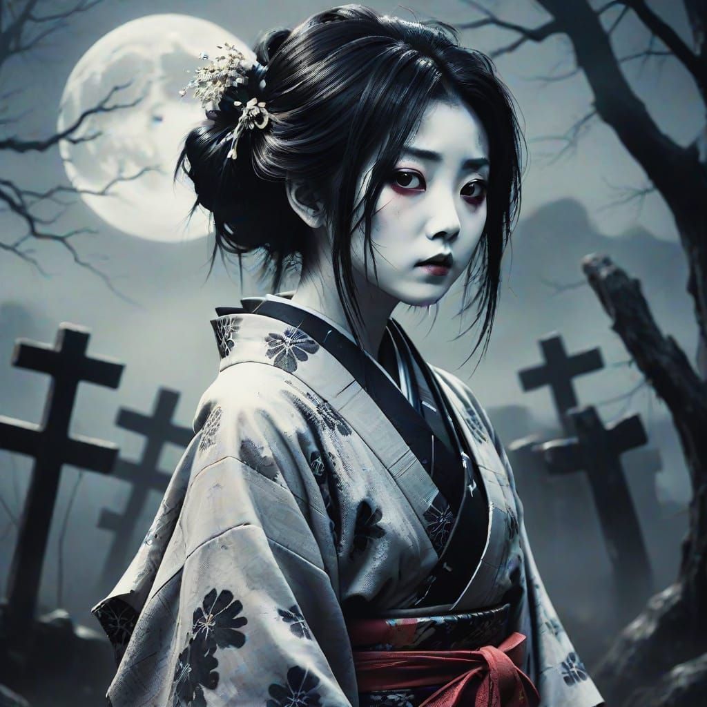 Eerie Onryo Portrait in Dark Ink Wash Style