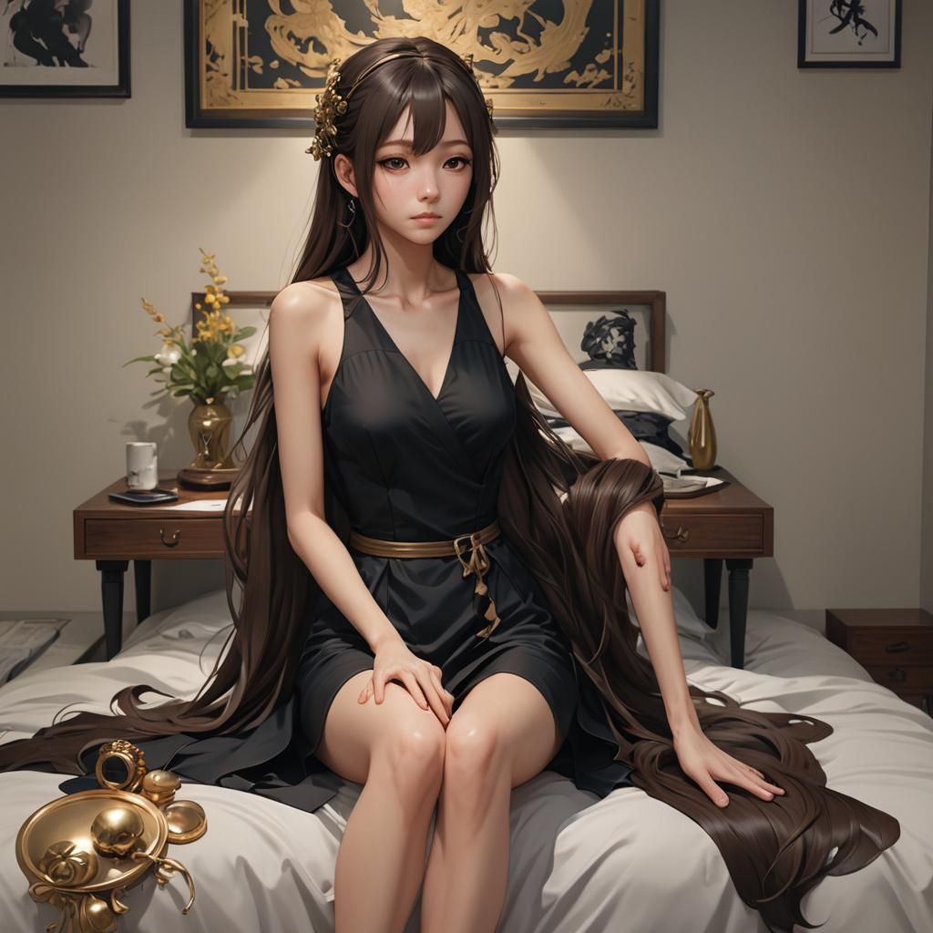 Anime Style Portrait of Asian Girl in Bedroom