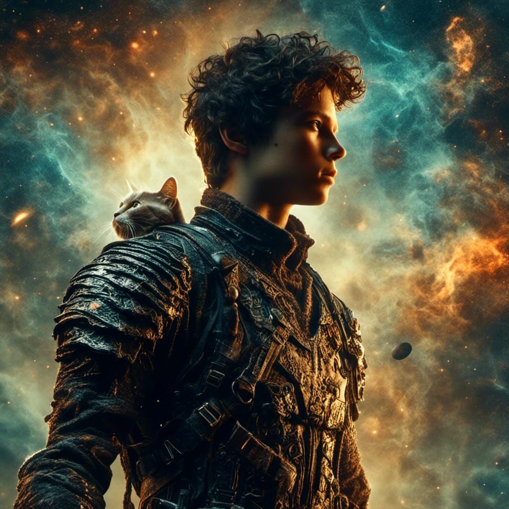 Teen and Cat in Nebula with Sci-Fi Pistols