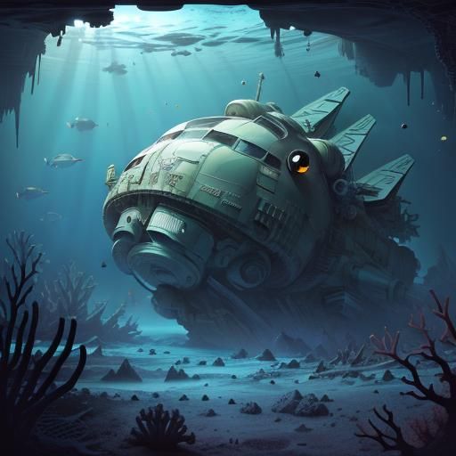 Crashed Spaceship Undersea on Alien Planet in Sketch Style