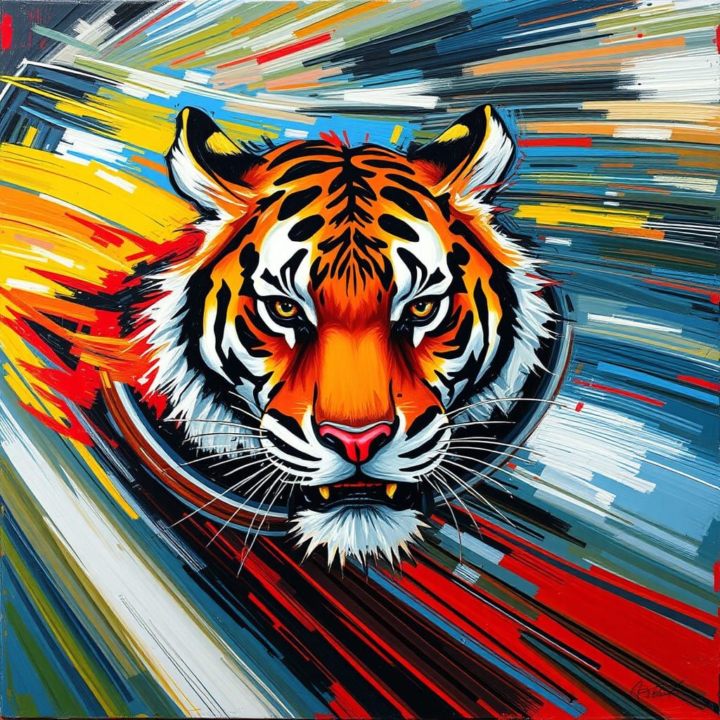 Abstract Expressionist Tiger Rises from Speeding Sports Car