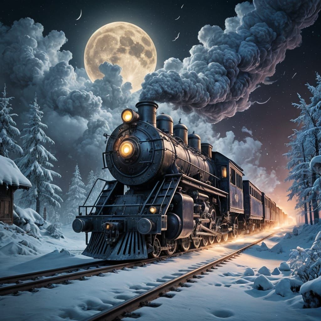 Ghost Train Through Snowy Night Under Full Moon