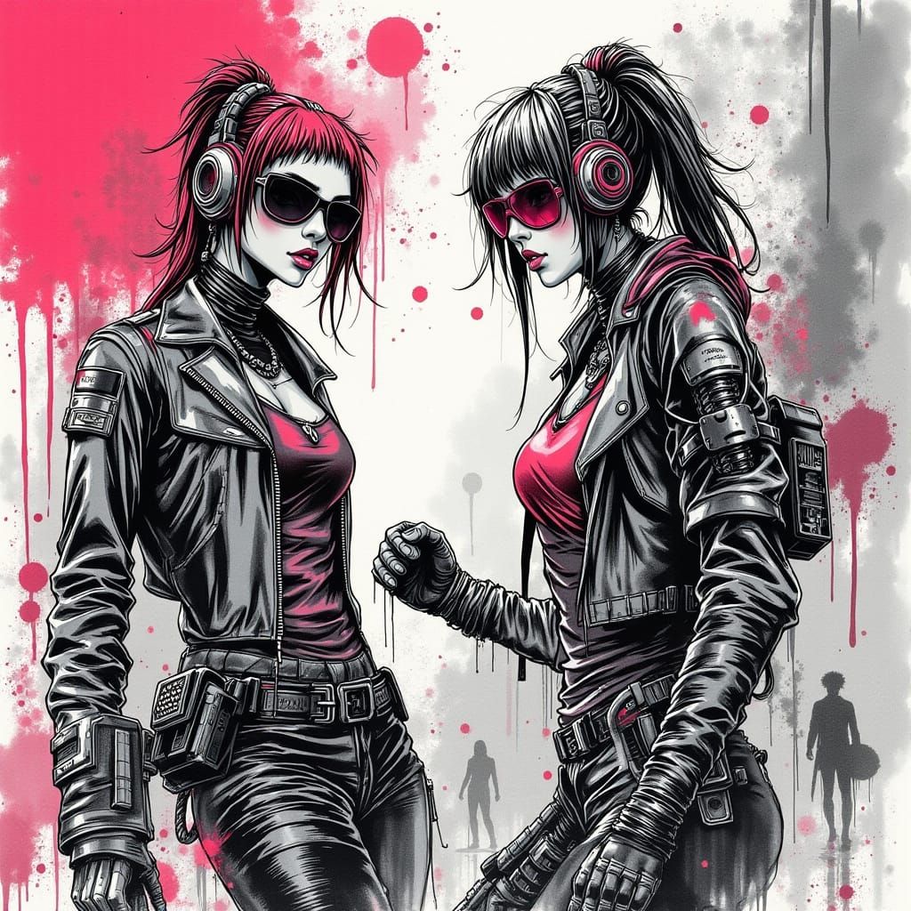 Cyberpunk Runway Fistfight in Retro-Futurist Style