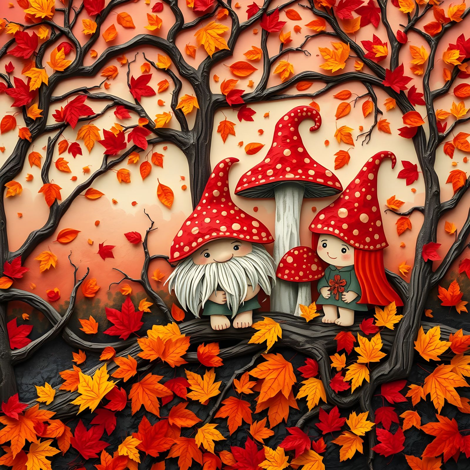 Autumn Forest Paper Collage with Mushroom Trolls