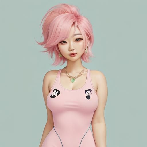 Sweet Asian Girl in Pastel Pink Outfit