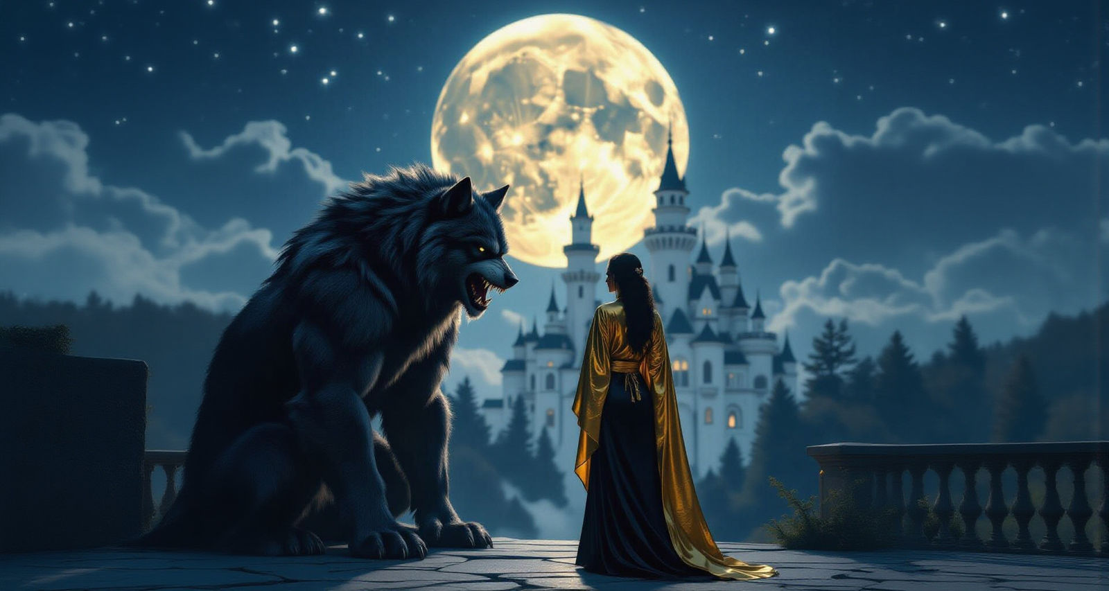 Dramatic Castle Under Moon with Werewolf