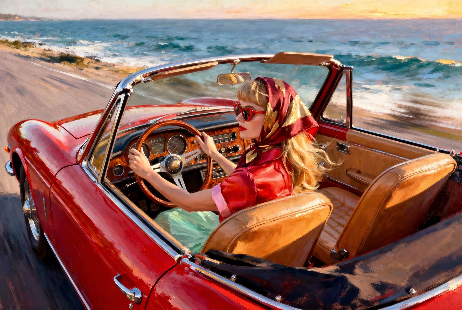 Woman Driving Car on Coastal Highway Painting