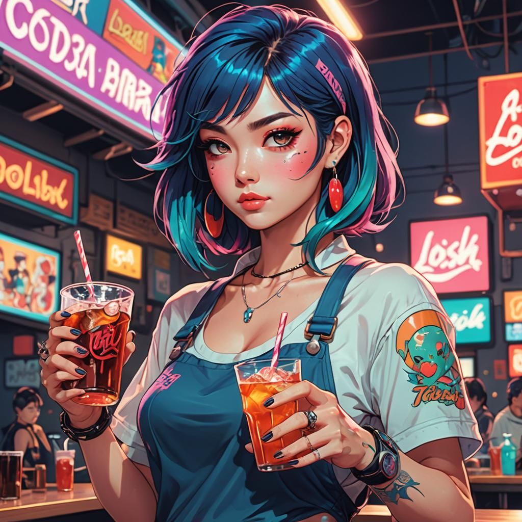 Soda-Themed Anime Girl in 80s Style