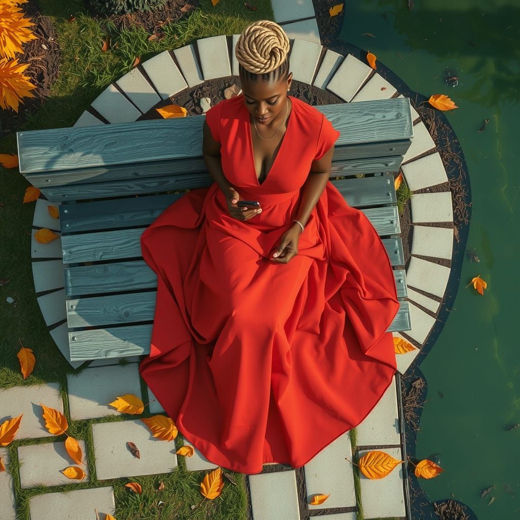 Woman in Red Dress on Bench with Autumn Leaves