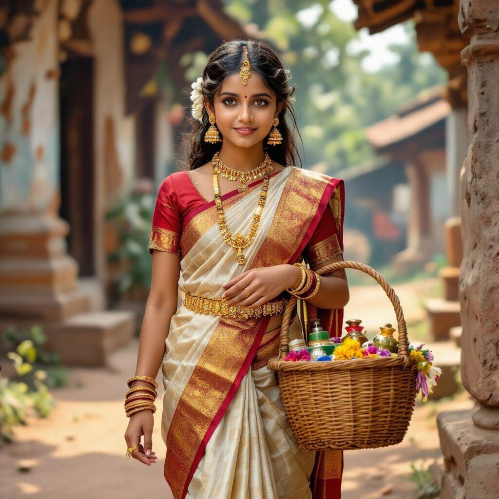 Village Girl in Traditional Saree, Realistic Hues