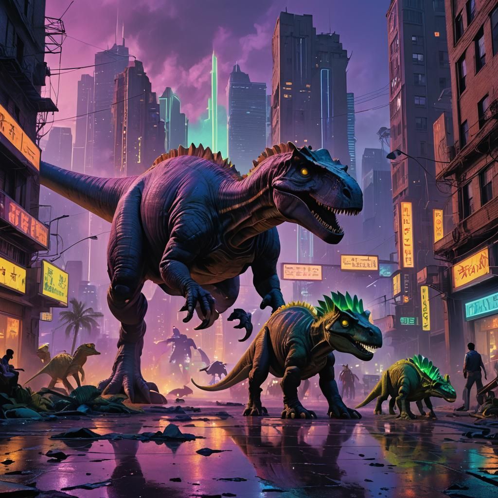 Dinosaurs Roam Neon City Ruins in 2315