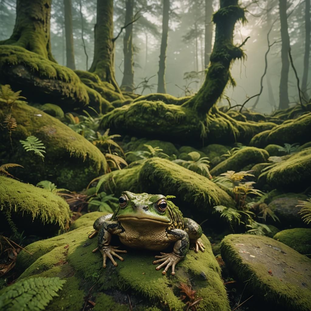 Celtic Toad in Misty Forest: Cinematic Film Still