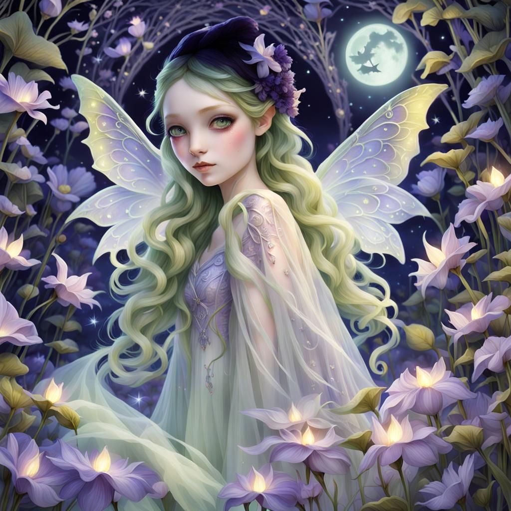 Moon Fairy with Luna Moth Wings in Dreamy Moonlight