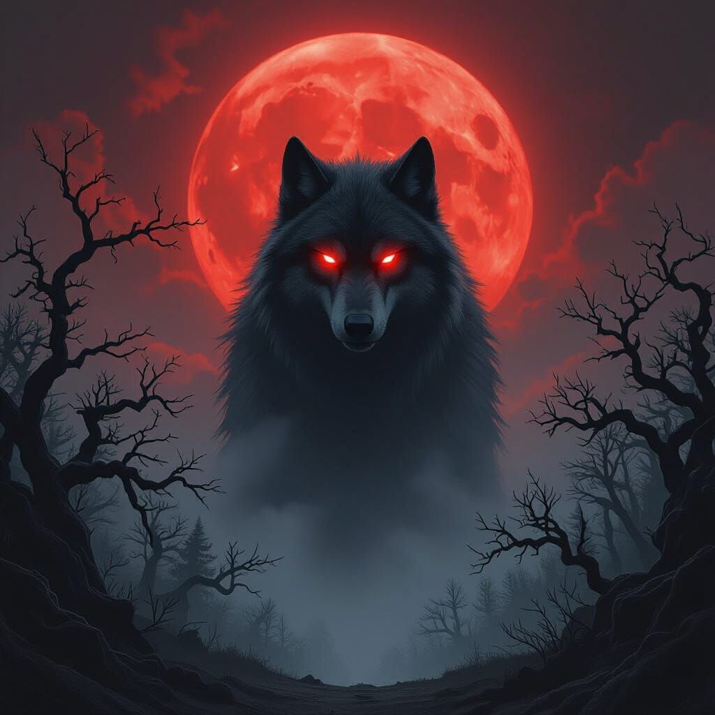 Gothic Wolf with Red Eyes Under Blood Moon