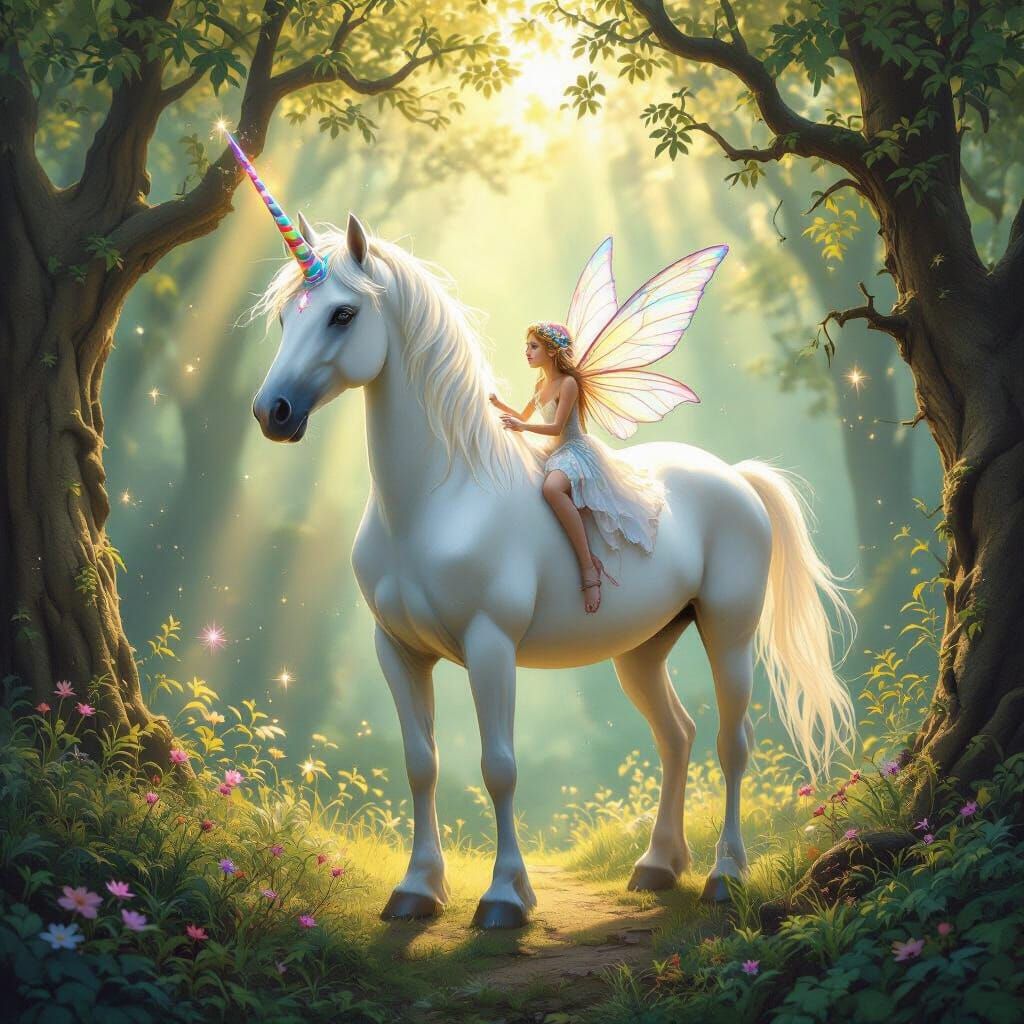 Enchanted Forest Unicorn with Fairy in Golden Light
