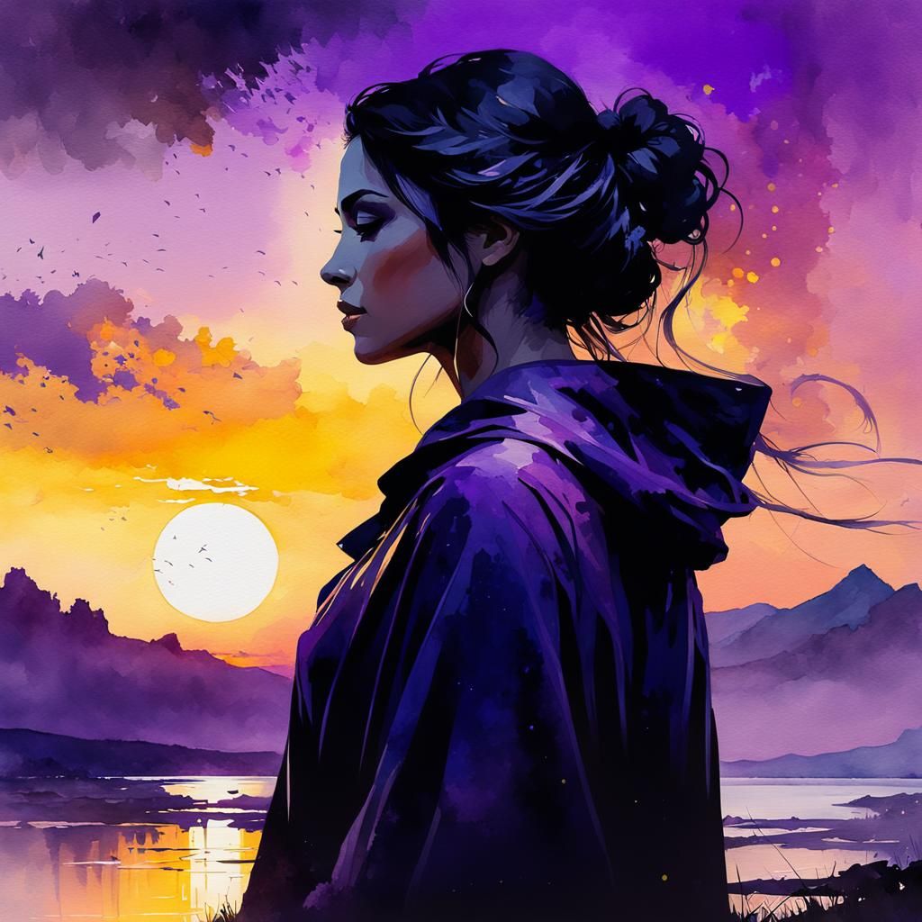 Girl at Dusk: Watercolor Silhouette in Art Deco Style