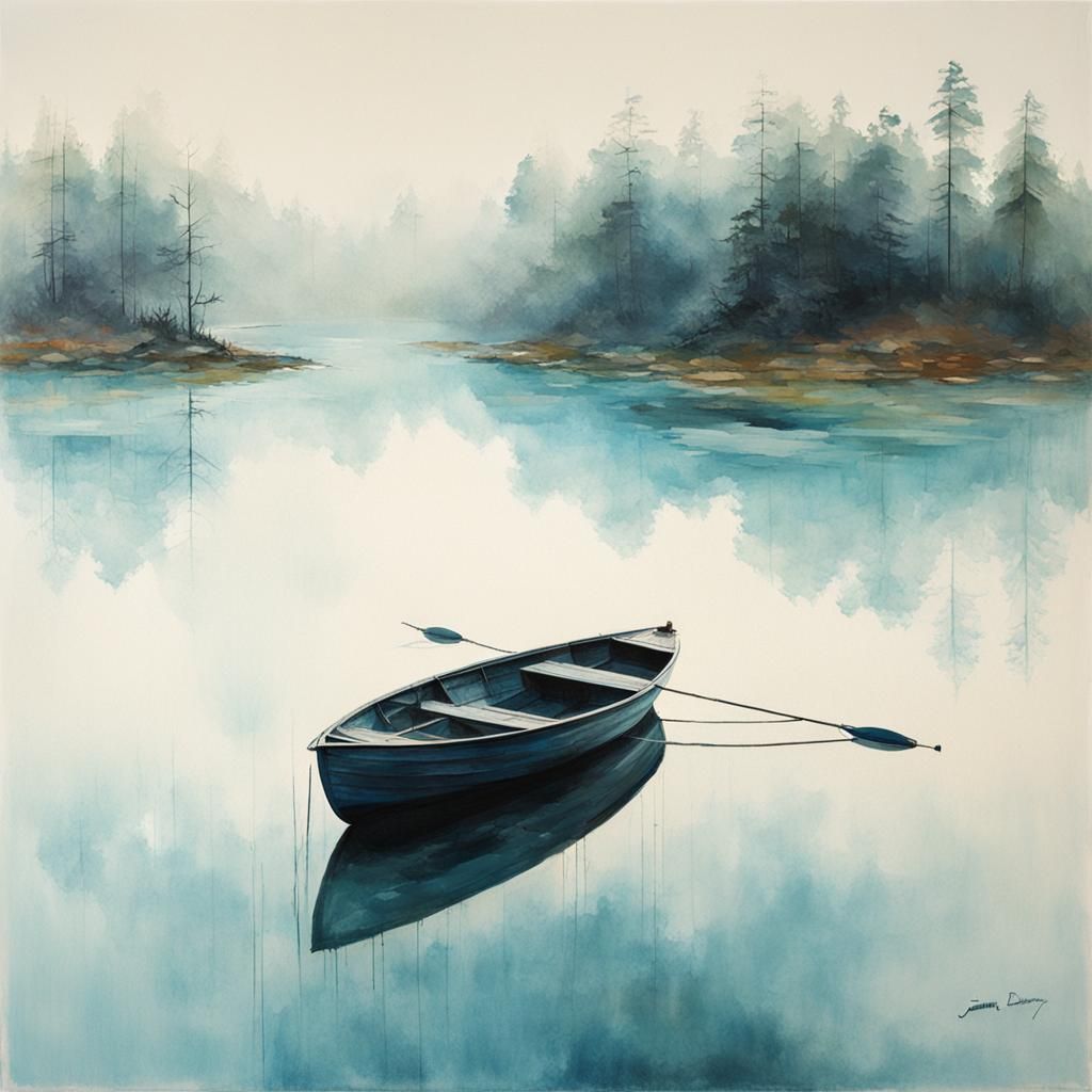 Minimalist Lake Landscape in Liquid Ink Style