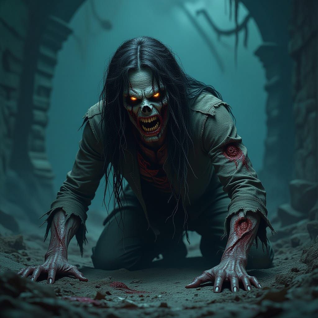 Terrifying Zombie Crawling from Underworld in Airbrush Style
