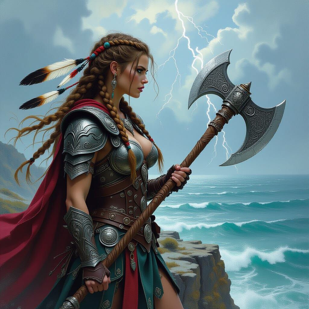 Valkyrie Warrior on Windswept Cliff in Art Nouveau Style