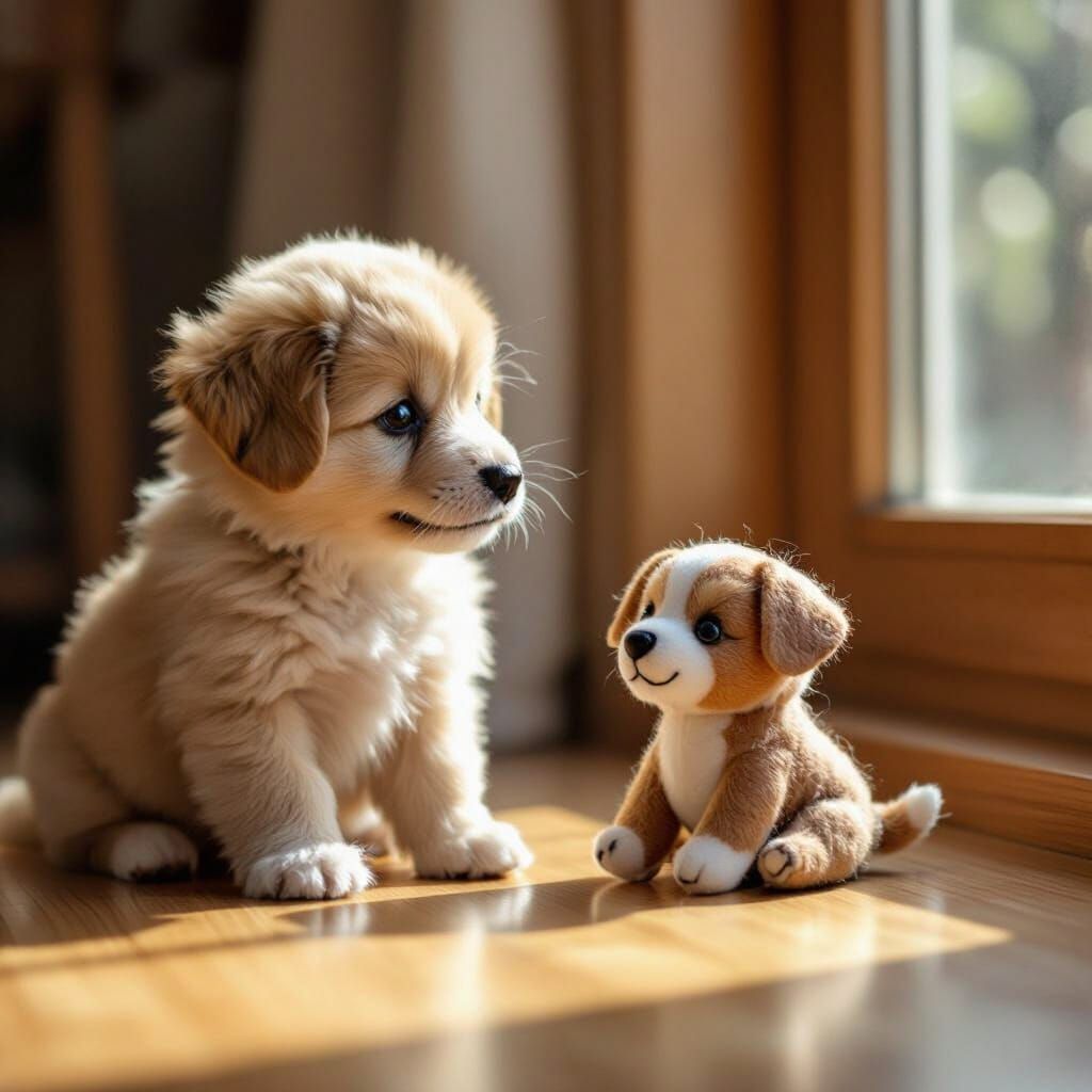 Fluffy Puppy Meets Felt Twin in Warm Sunlight