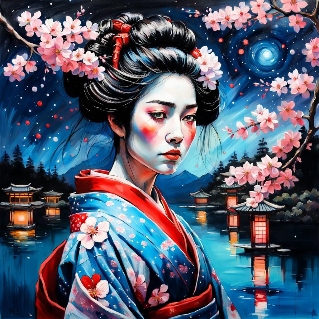 Geisha in Cherry Blossoms: Surreal Oil Painting