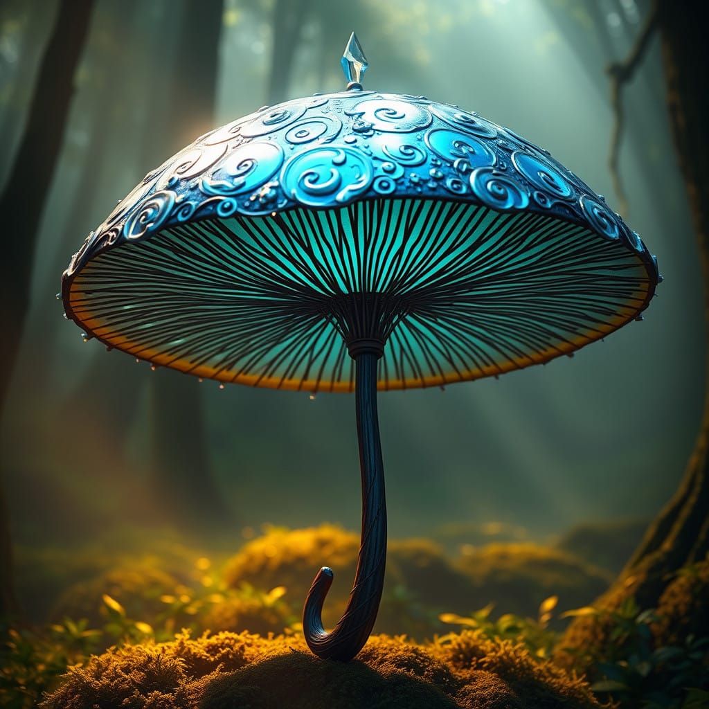 Majestic, Electric Blue Mushroom Umbrella in Emerald Forest