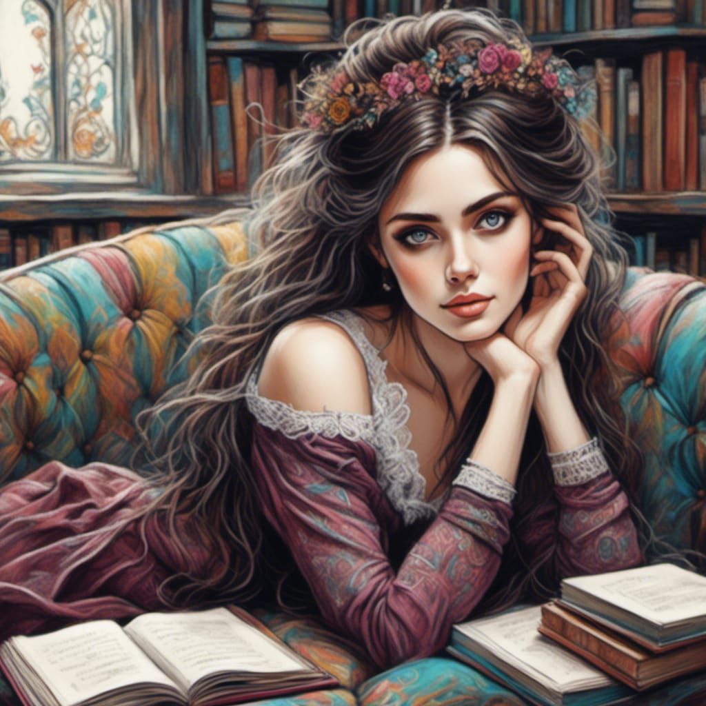 Victorian Woman in Library as Chalk Art