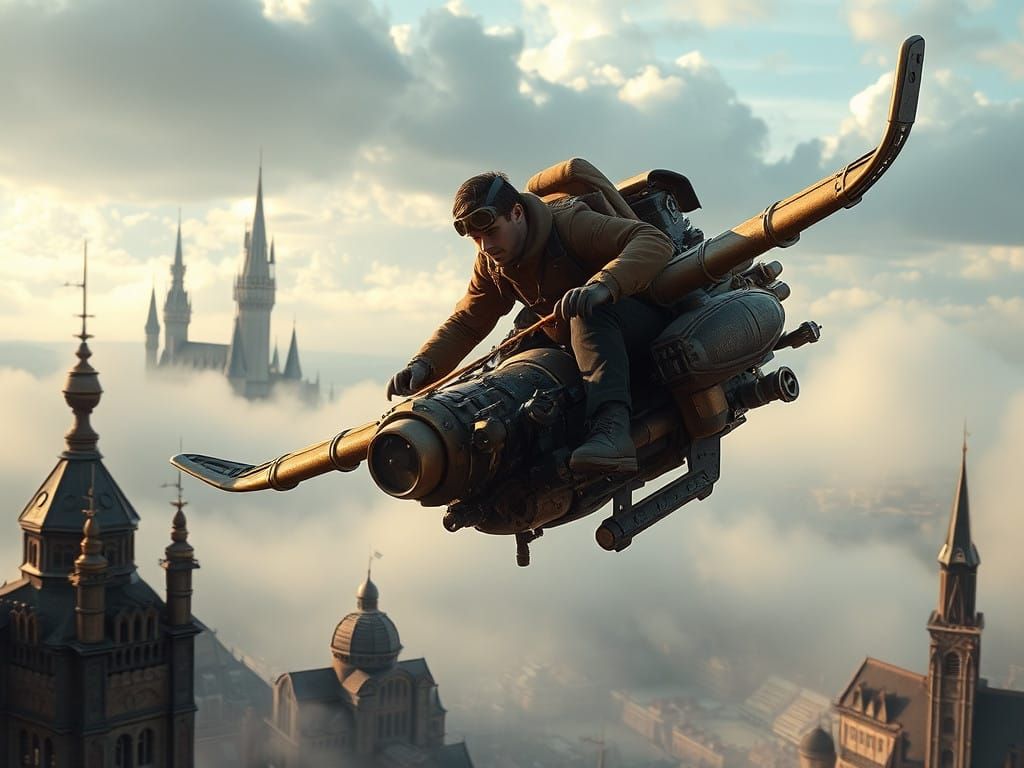 Heroic Steampunk Aviator Soars Over a Fantastical Metropolis