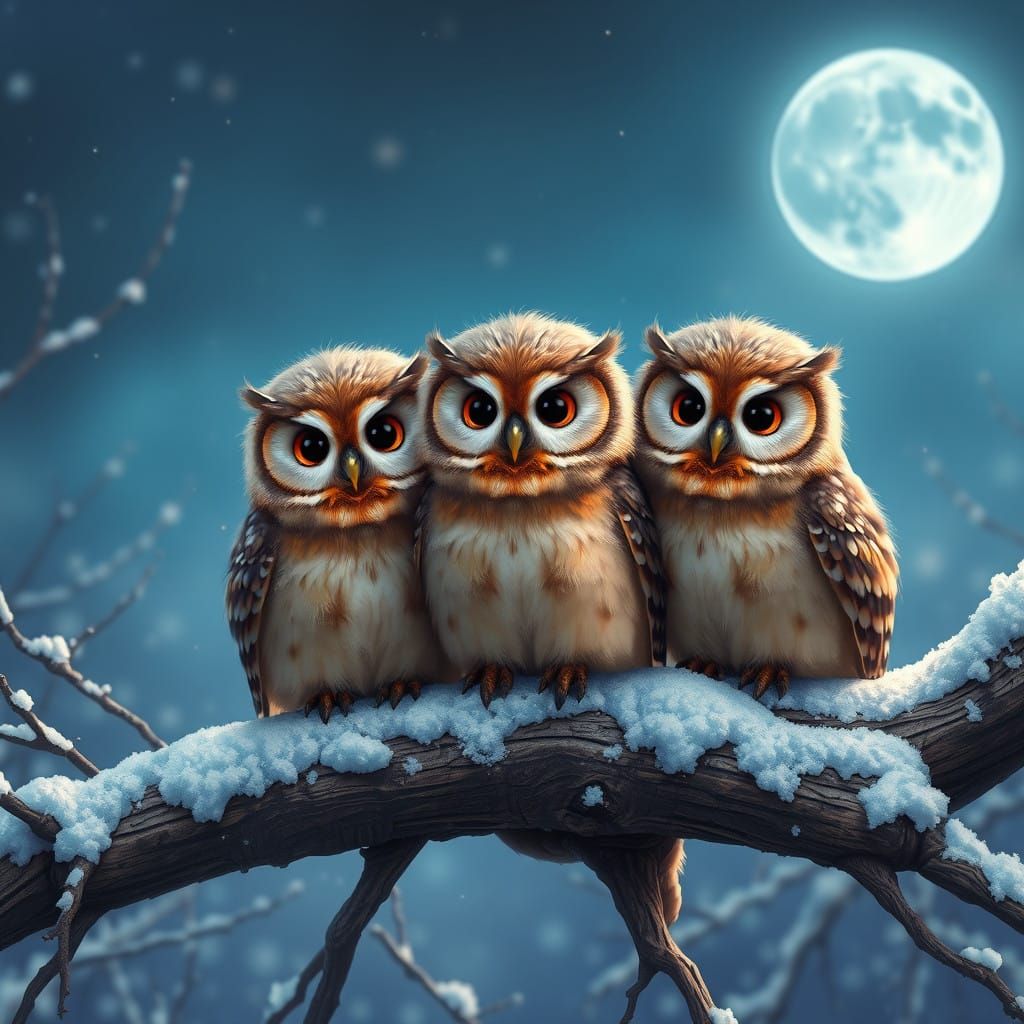 Whimsical Owls on a Branch, Winter Solstice Scene