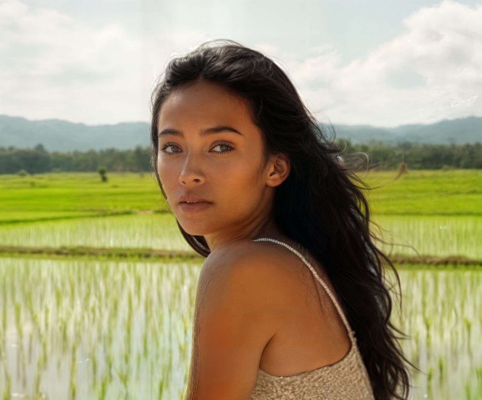 Pacific Islander Woman on Sand Dune in Powder Blue Boots