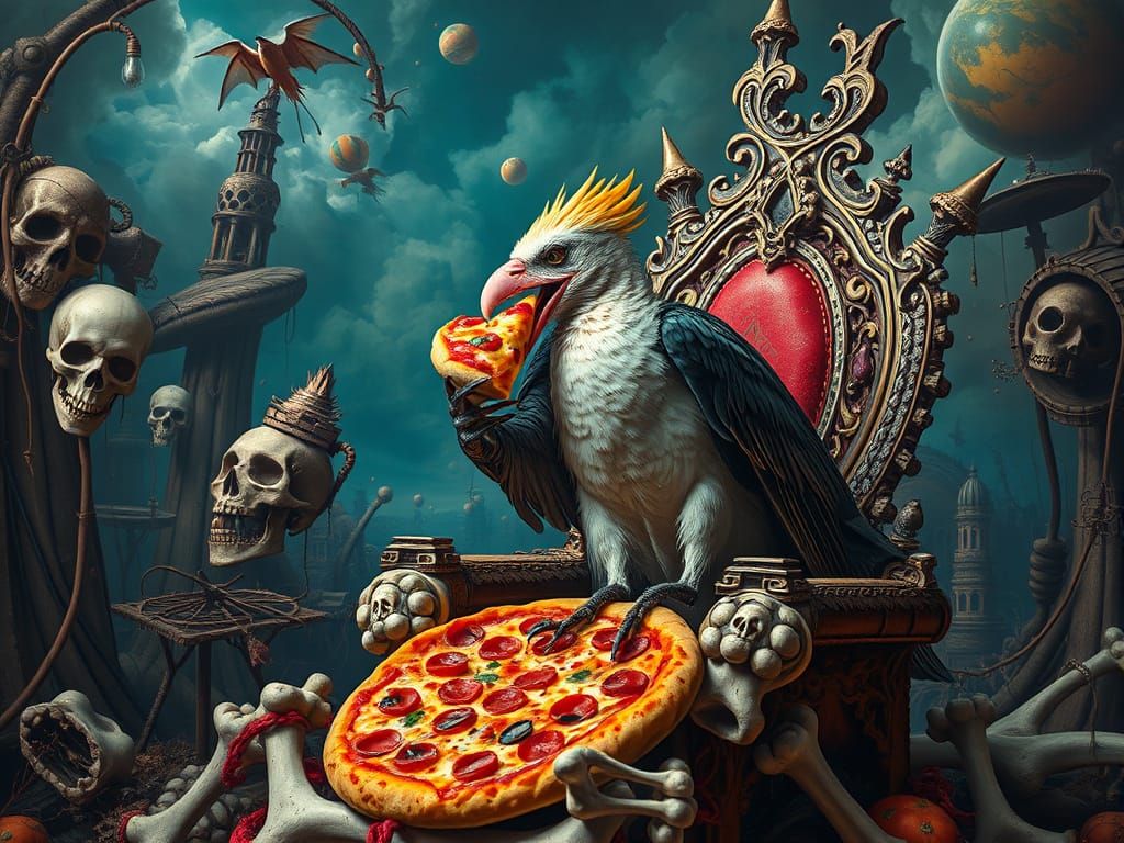 CRAZY BIRD KING ENJOYING HIS PIZZA IN BOGOMIL'S UNIVERSE