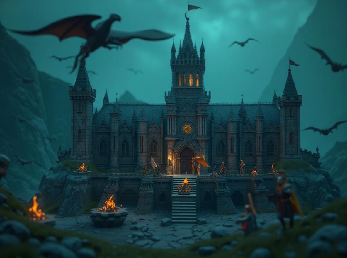 Isometric Medieval Castle with Dragons and Wizards