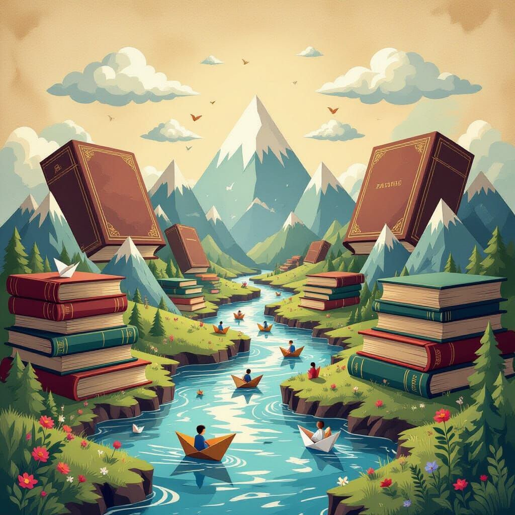 Surreal Book Mountains and Ink Rivers with Paper Boats