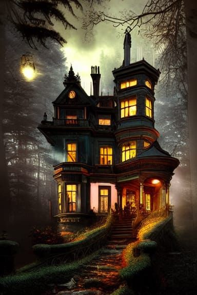 Floating Victorian House in Dark Woods, Digital Art